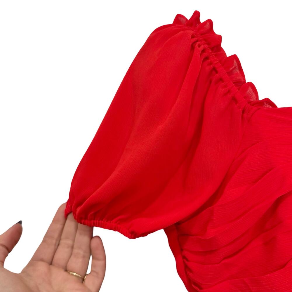 Tahari ASL Cherry Red Chiffon Short Puff Sleeve Notch Mini Dress size 8 NEW Tags - Picture 7 of 11